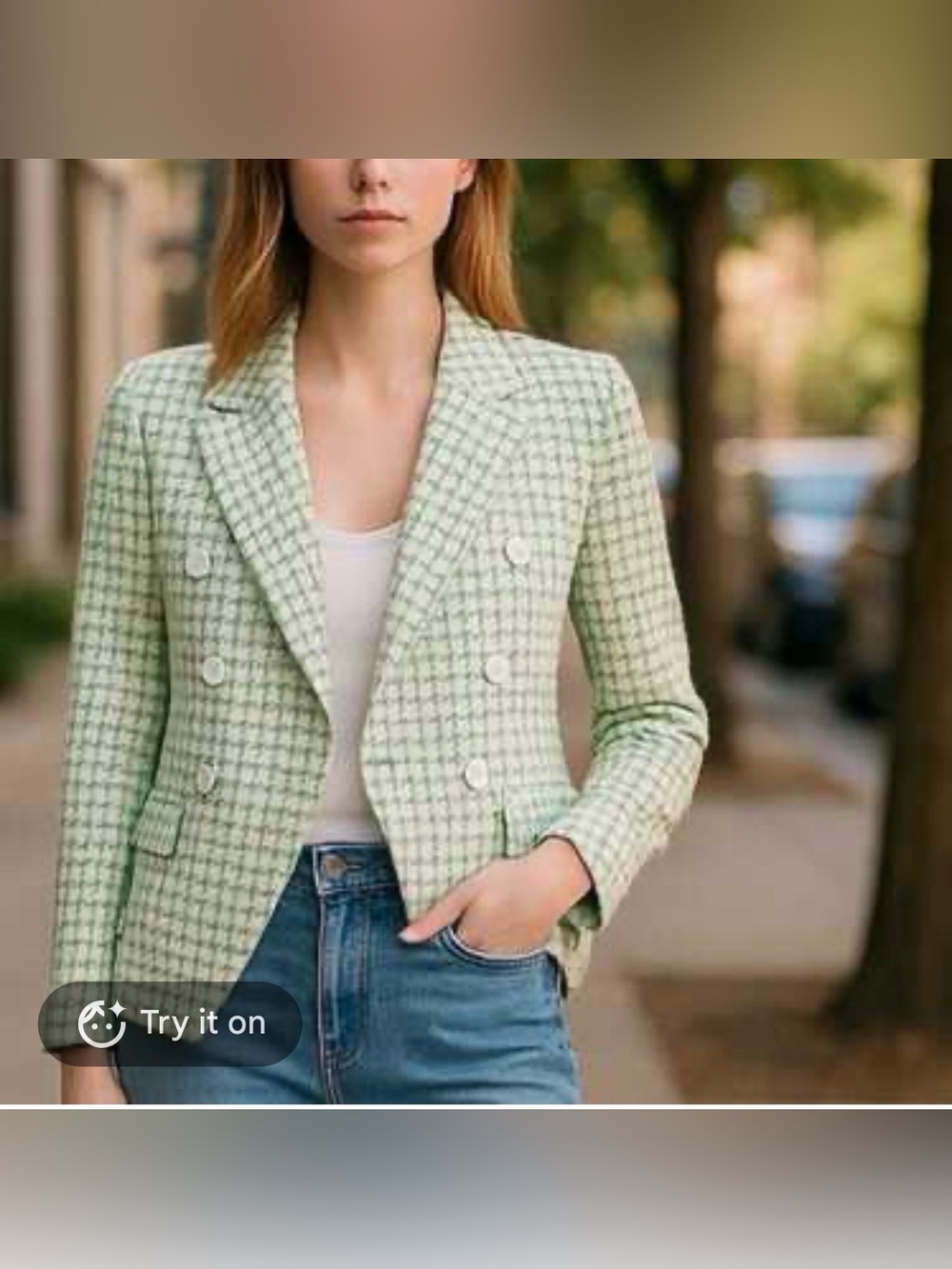 Rachel Zoe Green Plaid Tweed Double-Breasted Blazer